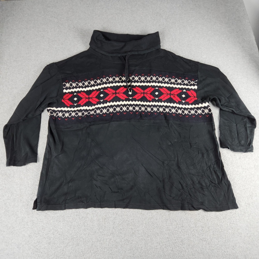 Chaps Sweatshirt Womens 2X Black Cotton Fair Isle Cowl Neck Drawstring Pullover